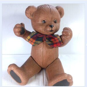 Ceramic Teddy Bear Vintage 80s Heavy Moving Jointed 14" Tall Tartan Bow Tie